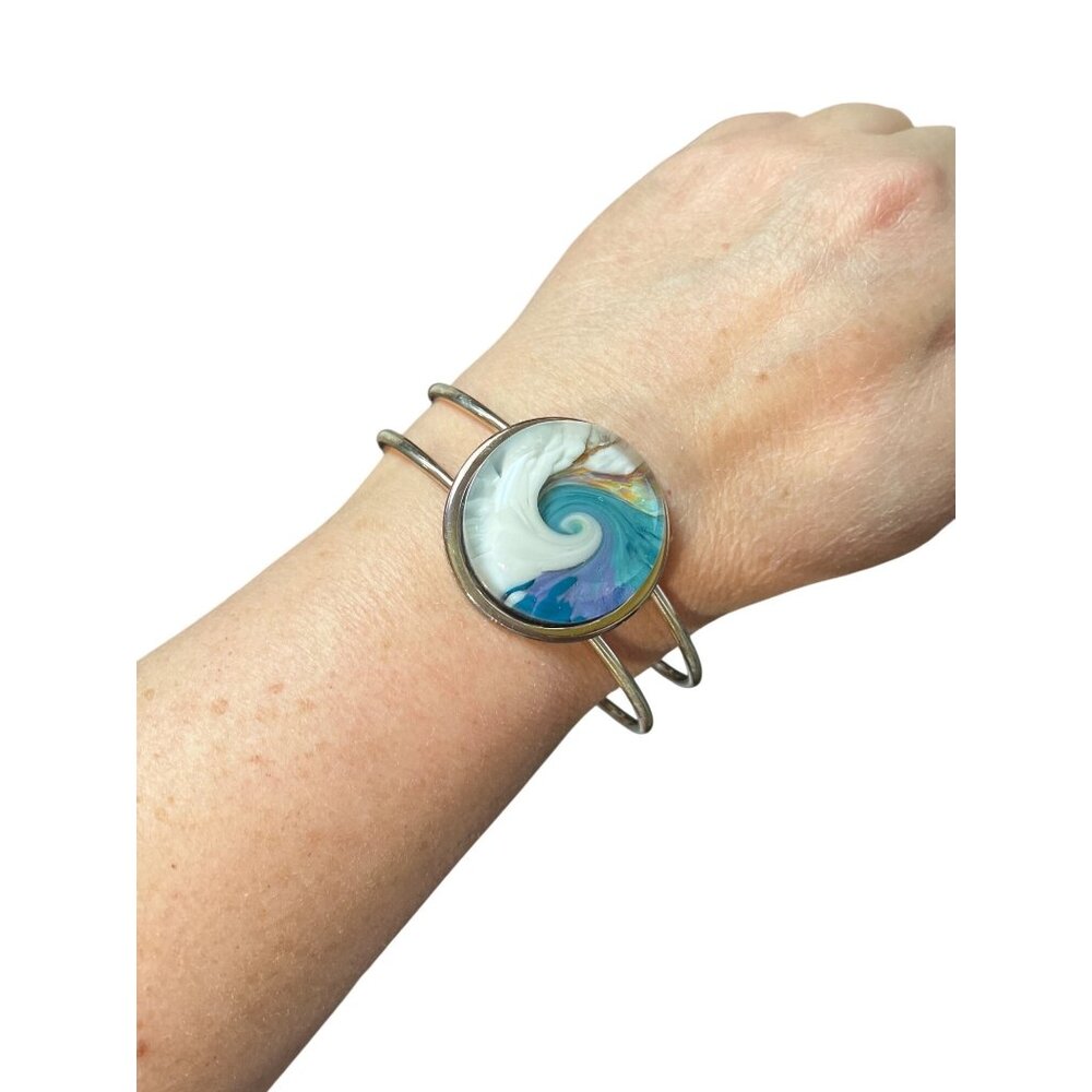 Hand-Painted Silver-Plated Adjustable Cuff Bracelet With Acrylic Pour Design